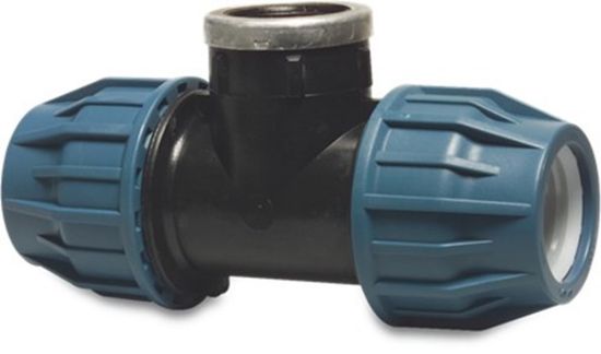 Afbeeldingen van JASON T-stuk 90° PP zwart/blauw 63X2.½"X63MM knel/binnendraad/knel 16bar DVGW/KIWA/WRAS/SVGW