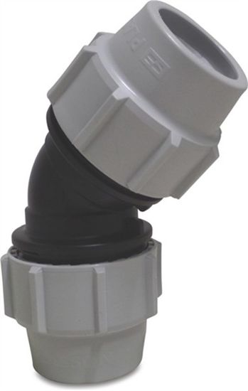 Afbeeldingen van Knie 45° PP knel zwart/wit 63MM 16bar KIWA