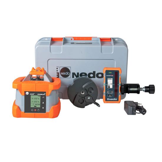 Afbeeldingen van NEDO Rotatielaser PRIMUS 2 H2N+ met hellingbewaking, inclusief laserontvanger ACCEPTOR MAXX met Heavy-Duty baakklem, Quick-Fix, accu's, lader en koffer laser-klasse 3R 472037
