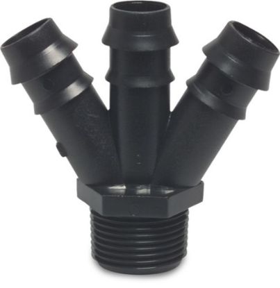 Afbeeldingen van Y-stuk PP zwart ¾"X20MMX20MMX20MM buitendraad/barbed/barbed/barbed 4bar