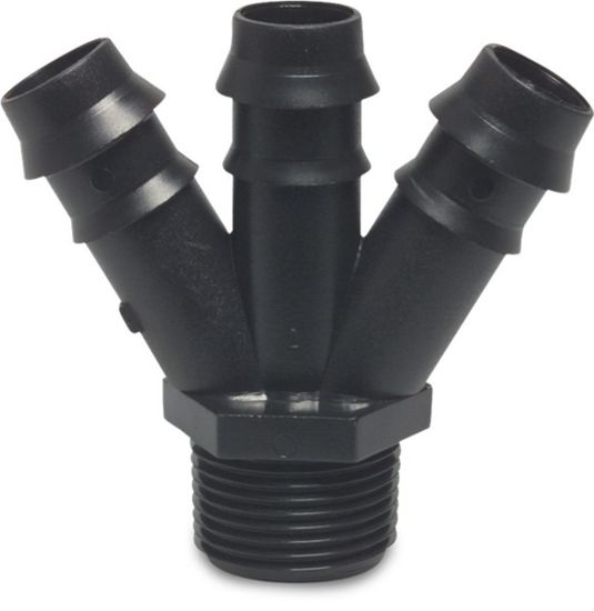 Afbeeldingen van Y-stuk PP zwart ¾"X20MMX20MMX20MM buitendraad/barbed/barbed/barbed 4bar