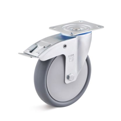 Afbeeldingen van TORWEGGE Zwenkwiel thermoplastic rubber grijs met plaat en rem 100X30MM h=125MM 90kg