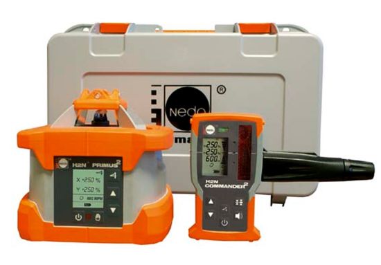 Afbeeldingen van NEDO Rotatielaser PRIMUS 2 H2N inclusief laserontvanger COMMANDER 2 H2N (laserontvanger met radiografische afstandsbediening), Heavy-Duty baakklem, Quick-Fix, accu's, lader en koffer laser-klasse 3R 472031