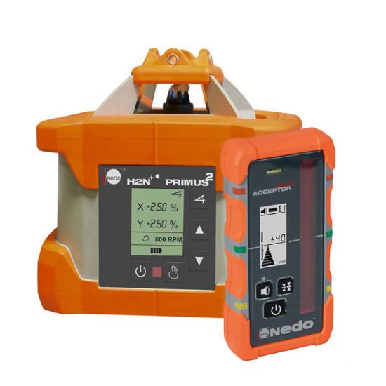 Afbeeldingen van NEDO Rotatielaser PRIMUS 2 H2N+ met hellingbewaking, inclusief laserontvanger ACCEPTOR MAXX met Heavy-Duty baakklem, Quick-Fix, accu's, lader en koffer laser-klasse 2 472037-632