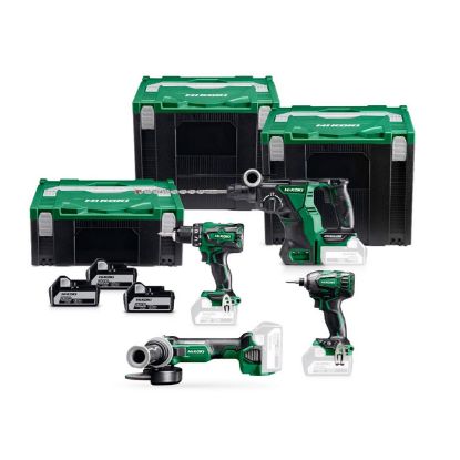 Afbeeldingen van HIKOKI Accu combo pack KC18DG4LWDPZ, accu boorschroefmachine DS18DBSL + accu boorbreekhamer DH18DBL SDS-Plus + slagschroevendraaier 1/4" WH18DBDL2 + accu haakse slijper G18DBL + 3x 18V 5,0Ah in 2x HSC IV en 1x HSC II