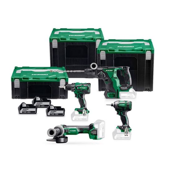 Afbeeldingen van HIKOKI Accu combo pack KC18DG4LWDPZ, accu boorschroefmachine DS18DBSL + accu boorbreekhamer DH18DBL SDS-Plus + slagschroevendraaier 1/4" WH18DBDL2 + accu haakse slijper G18DBL + 3x 18V 5,0Ah in 2x HSC IV en 1x HSC II